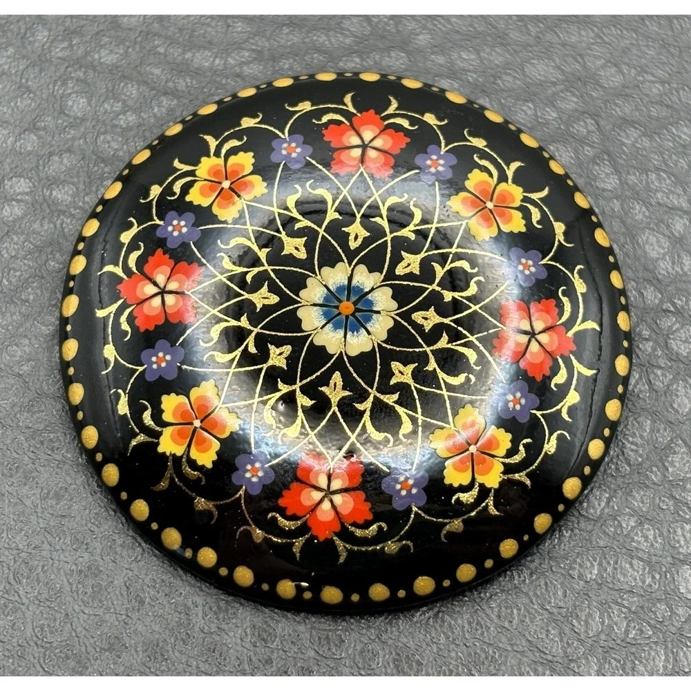 Vintage Uzbekistan Hand Painted Lacquer Floral Brooch Pin Black Gold Red Yellow